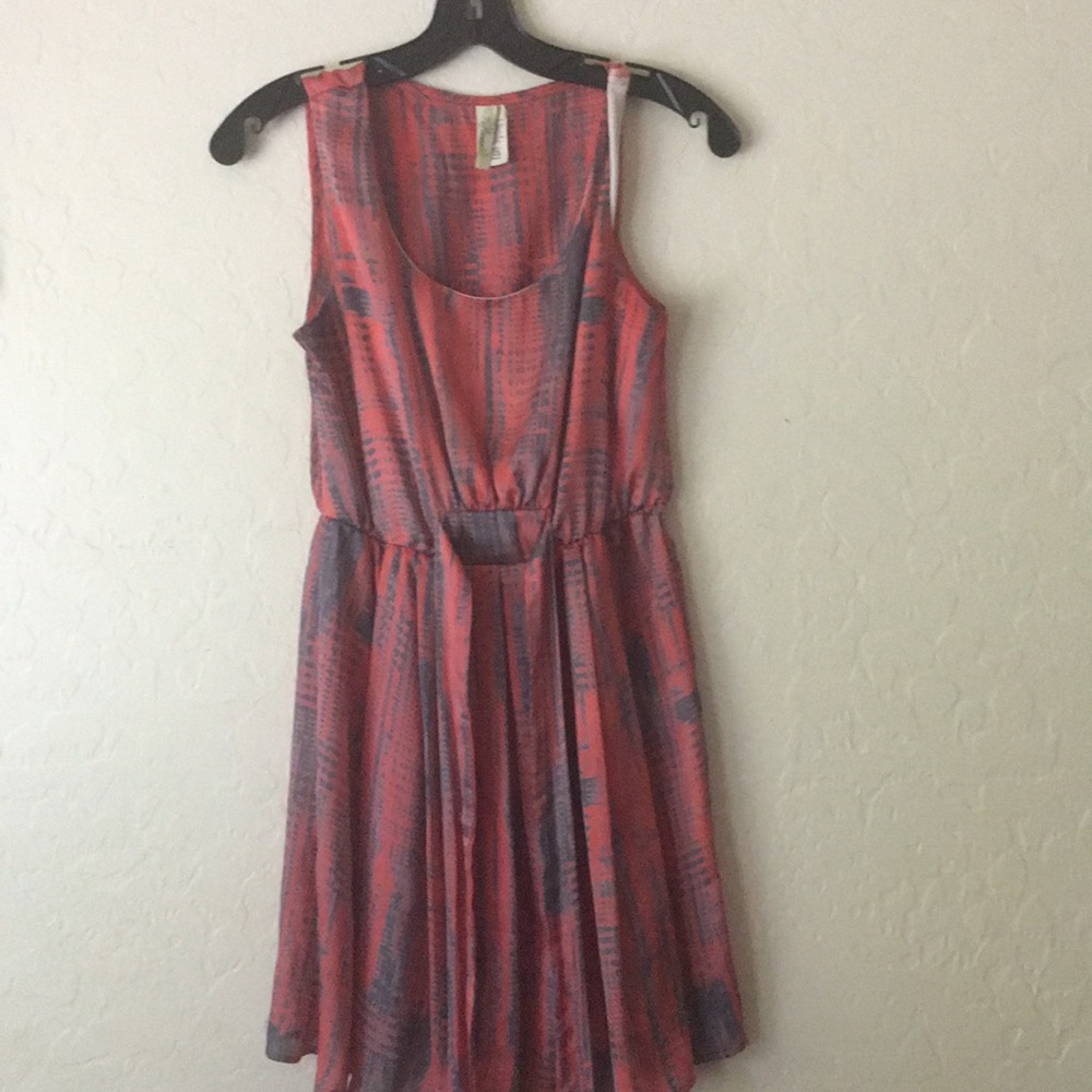 Coral and gray cocktail dress with attached ribbon
